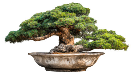 Beautiful bonsai tree in decorative pot showcasing miniature greenery and artistic styling isolated on white background