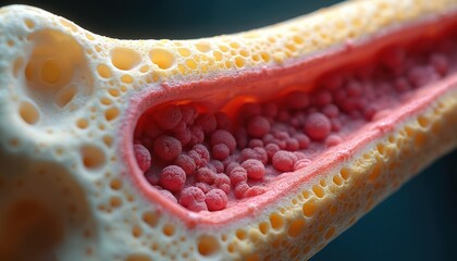 Close-up view of bone cross-section spongy bone tissue, red marrow interior. Microscopic view details cells, structure within bone cavity. Hematopoietic stem cells vital for blood production, tissue