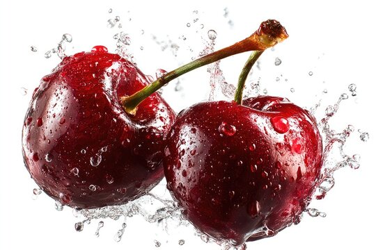 Two fresh cherries in mid-air, water splashes around them