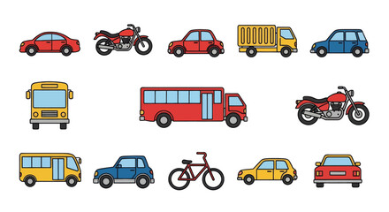 Naklejka premium Collection of colorful cartoon vehicles including cars motorcycles buses and bicycles