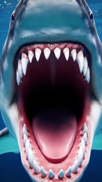 Green Screen great white shark swims to the camera slowly and open its jaws attacks audience scary megalodon with big jaw eats footage has a clean alpha channel in 4k res scene 3 distortion, overlay