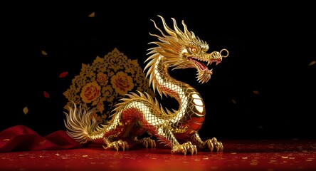 Fototapeta premium Elegant Golden Dragon Statue in Warm Sunlight and Red Festival Theme