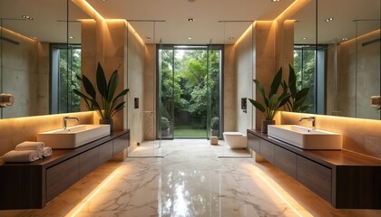 Luxurious bathroom interior with modern design. Spacious room has wooden vanities, big mirrors. Shower area with glass doors opens to natural garden view. Clean white sanitary ware, ambient lighting.