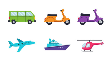 green van orange scooter purple scooter blue airplane purple yacht red helicopter