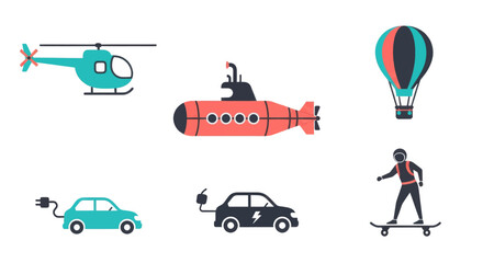 Naklejka premium Helicopter submarine hot air balloon electric car skateboarder transportation icons set