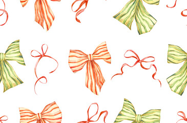 Watercolor hand-drawn seamless pattern with Christmas decoration elements - elegant red, green bows, smart ribbons isolated on a white background. New year, valentine's day wallpaper