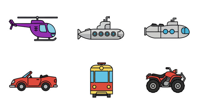 helicopter submarine car tram atv vehicle icons set isolated on white background