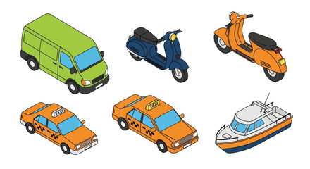 Naklejka premium Isometric illustration of taxi van scooter boat and car vehicles on white background