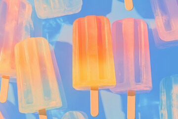 Colorful popsicle arrangement against a bright blue sky, perfect for summer. vibrant image features an array of refreshing popsicles in various colors, ideal for summer fun and treats.