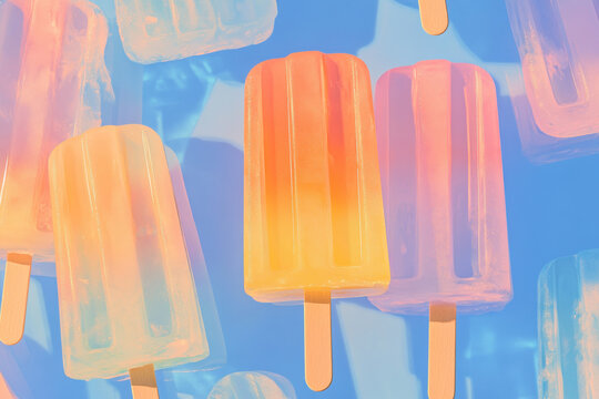 Colorful popsicle arrangement against a bright blue sky, perfect for summer. vibrant image features an array of refreshing popsicles in various colors, ideal for summer fun and treats.