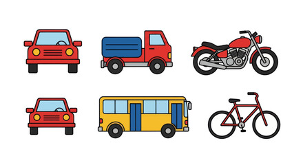 red car blue tank truck motorcycle yellow bus bicycle on white background