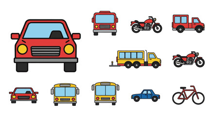 Fototapeta premium red car bus motorcycle truck school bus bicycle blue car yellow bus vehicle icons