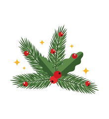 Decorative winter holiday foliage illustration featuring evergreen pine needles, festive red holly berries, and sparkling accents, perfect for seasonal design projects