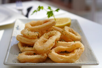Mediterranean cuisine, tapas, and small plates. Squid dish with a sprinkling of parsley on top.