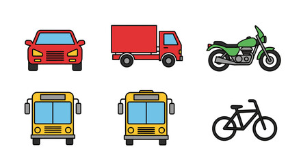 Naklejka premium red car red truck green motorcycle yellow bus black bicycle on white background