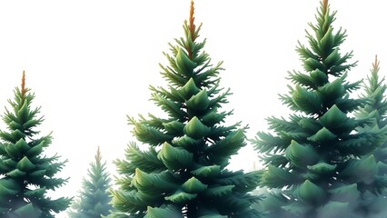 Peaceful winter forest illustration featuring tall, lush evergreen pine trees standing in soft morning mist against a bright, minimal white sky, creating a calm and refreshing seasonal atmosphere.