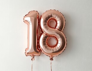 Rose gold number 18 balloons float on white wall. Celebrate eighteenth birthday party, coming of age, graduation event or business milestone. Fun festive decoration.