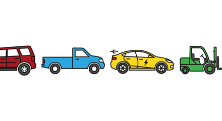 Fototapeta premium Red SUV blue pickup truck yellow car with lightning bolt green forklift in row