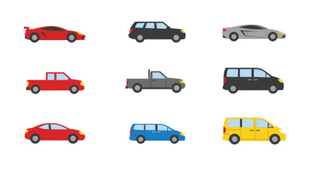 Red sports car gray station wagon silver coupe red pickup truck gray pickup truck black minivan red sedan blue minivan yellow van