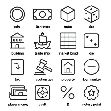 Board game linear icons set. featuring coin, banknote, cube, dice, ship, market board, and auction symbols