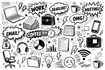 Chaotic Office Work and Deadline Stress Doodle Vector Set