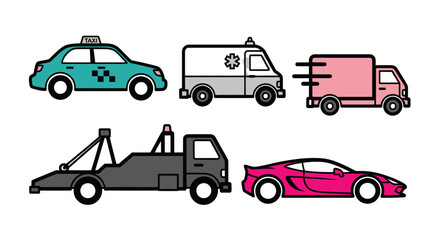 Naklejka premium taxi ambulance delivery truck tow truck sports car illustration set