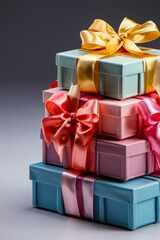 Obraz premium Colorful Stacked Gifts With Ribbons Ready for Celebration on a Smooth Surface