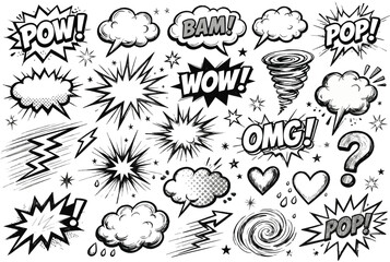 Vintage Comic Pop Art Explosion and Speech Bubble Doodle Set