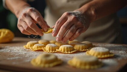 Person makes fresh ravioli pasta by hand in a kitchen. Flour covers hands and wooden surface as dough shapes fill with cheese or meat. Culinary preparation for tasty meal.