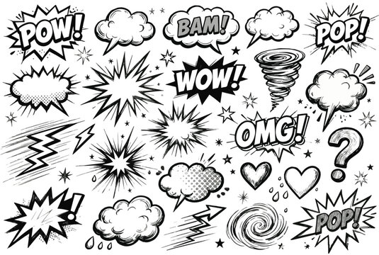 Vintage Comic Pop Art Explosion and Speech Bubble Doodle Set