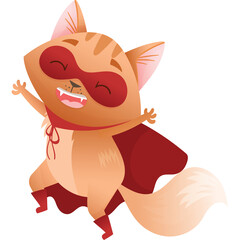 Joyful orange tabby cat dressed as a superhero with red mask and cape leaping in excitement with a white background