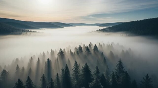 Misty forest landscape featuring sunbeams shining through trees in early morning. Misty forest creates an ethereal ambiance, with morning sun rays filtering through trees, illuminating scenic view.