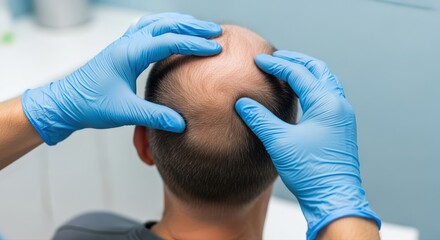 Dermatologist's gloved hands gently examine a male patient's balding scalp, assessing hair loss for potential treatment