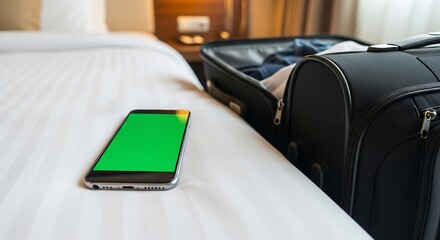 Smartphone with a green screen placed on a hotel bed next to an open suitcase