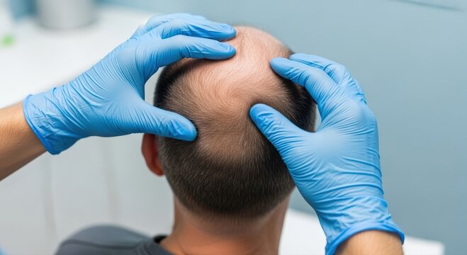 Dermatologist's gloved hands gently examine a male patient's balding scalp, assessing hair loss for potential treatment
