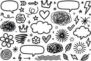Hand Drawn Doodle Elements Set - Cute Scribbles, Arrows, Stars, and Nature Icons