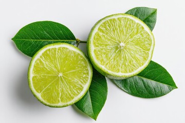 Two lime halves with leaves on white background