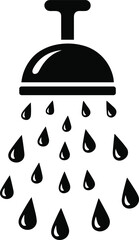 Naklejka premium Shower head icon with water drops, bathroom hygiene symbol, plumbing equipment design, black silhouette, cad drawing flat vector illustration