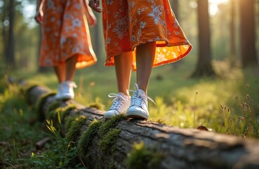 Two girls walk on fallen tree trunk in sunlit forest. Friends wear orange floral dresses and sneakers. They balance on mossy log among green woods, enjoying summer day.