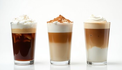Three glasses hold layered coffee variations with whipped cream on white surface. Aromatic morning drinks include foam, cocoa powder. Refreshing beverages for cafe menu card. Sweet cafeine drinks for