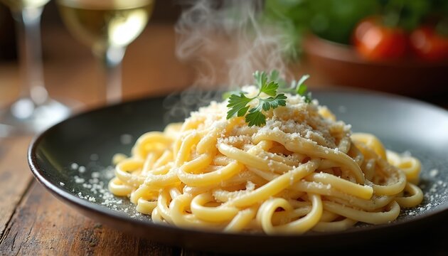Steaming plate of creamy fettuccine alfredo pasta. Rich cheesy sauce, grated parmesan cheese, fresh parsley garnish. Served on rustic wood table with white wine.
