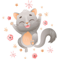 Joyful Grey Kitten With Pink Flowers And Stars Dancing Happily With Closed Eyes And Open Mouth In A Transparent Background