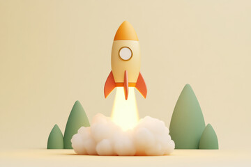 Rocket ship launching with smoke and flames against a warm background. A white rocket blasts off, creating a cloud of smoke and fire as it ascends into the sky.