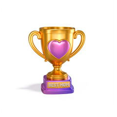 Golden trophy with a shimmering purple heart emblem on the front and a detailed engraved base isolated on a black background symbolizing achievement and victory