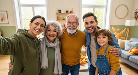 Multi-generational family joyfully poses for a memorable selfie, celebrating their special bond and togetherness in a cozy, autumn-decorated home