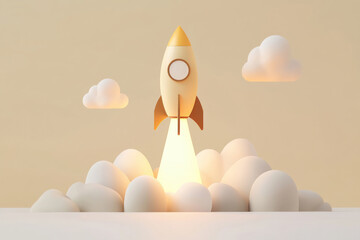 Rocket ship launching with smoke and flames against a warm background. A white rocket blasts off, creating a cloud of smoke and fire as it ascends into the sky.