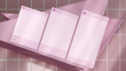 Pink minimal social post UI mockup trio 3D render