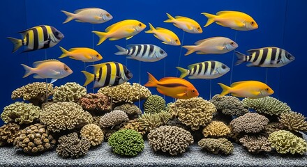 A serene underwater spectacle showcasing a bustling school of assorted tropical fish, including yellow and striped varieties, navigating a vibrant coral reef
