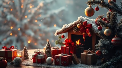 Flat-lay arrangement of festive Christmas decorations including red bows, sparkling ornaments, candy canes, stars, wrapped gifts, and greenery on a soft winter background, creating a cheerful and eleg