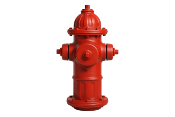 Red fire hydrant standing upright isolated on black background, vertical firefighting street equipment